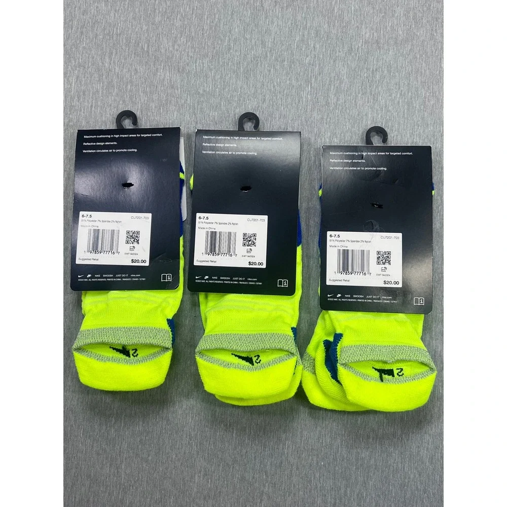 3 Nike Spark‎ Running Cushioned No Show Socks Volt yellow Blue  M 6-7.5 W 7.5-9